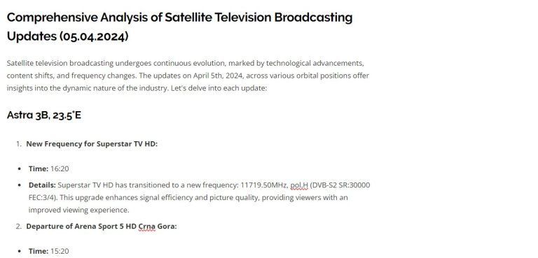 Comprehensive Analysis of Satellite Television Broadcasting Updates (05.04.2024)