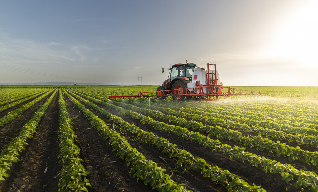 A tractor is spraying pesticides on a soy field. The sprayer is in use during the spring season.