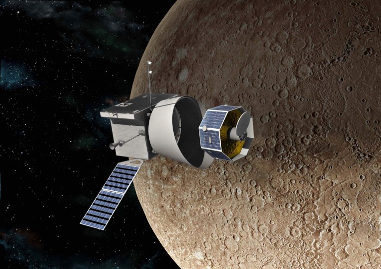 An artist's impression shows the European Space Agency and JAXA's BepiColombo mission operating around Mercury. Bepicolombo Mission to Mercury