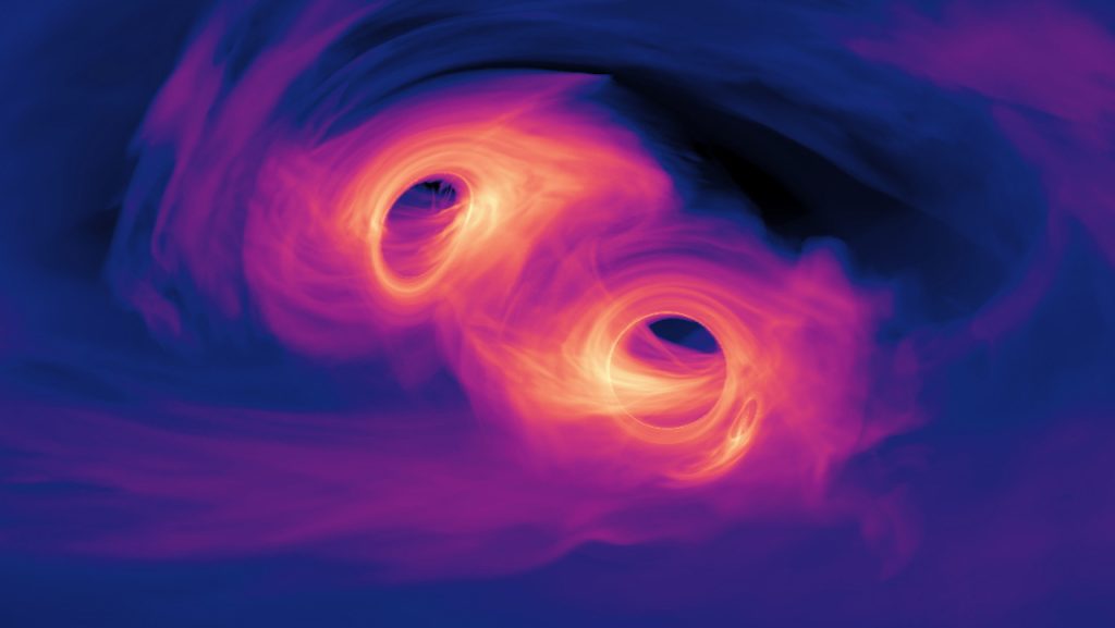 This is a simulation of merging supermassive black holes. The credit goes to NASA's Goddard Space Flight Center and Scott Noble. Black Holes and Space