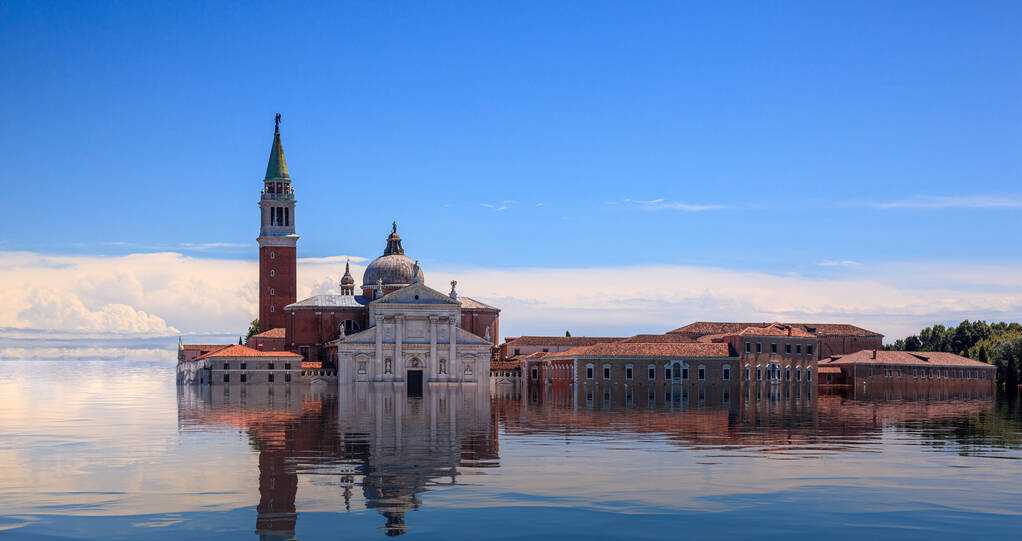 Concept image of a flooded Basilica San Giorgio Maggiore in Venice as sea level rise makes the city uninhabitable