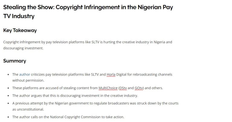 Stealing the Show - Copyright Infringement in the Nigerian Pay TV Industry