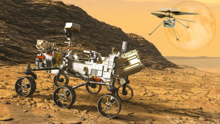 The Mars rover helicopter, Ingenuity, explores the surface of Mars. The background is the orange planet.