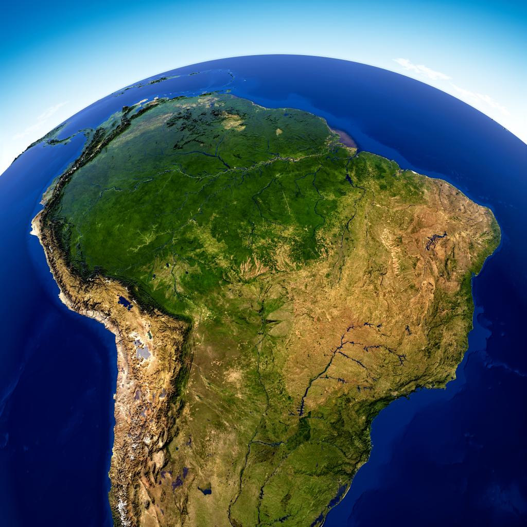 Satellite view of the Amazon rainforest, map, states of South America, reliefs and plains, physical map. Forest deforestation. 3d render. Element of this image is furnished by NASA