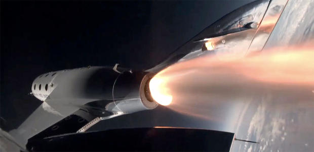 A camera on the Unity spaceplane captured a view of the ship's hybrid rocket motor firing. This boosted the ship out of the lower atmosphere. Date Jan. 26, 2023. VIRGIN GALACTIC.