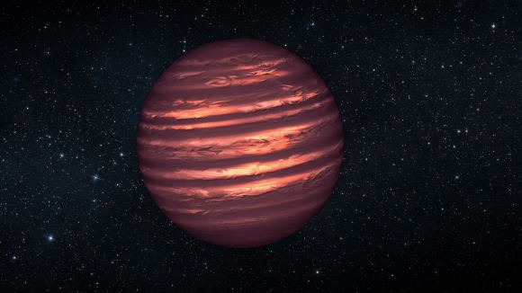 An artist’s conception of a brown dwarf. Brown dwarfs are more massive than Jupiter. But they are less massive than the smallest main sequence stars. Their dimness and low mass make them difficult to detect. Image: By NASA/JPL-Caltech (http://planetquest.jpl.nasa.gov/image/114) [Public domain], via Wikimedia Commons.