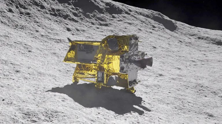 An artist's conception shows Japan's SLIM lander on the moon. Credit: ISAS/JAXA Japanese Aerospace Exploration Agency