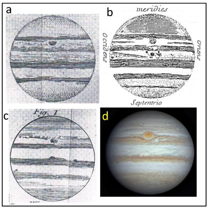 This research figure compares the Permanent Spot (PS) and today's GRS. a, b, and c are Cassini's drawings from 1677, 1690, and 1691. d is a 2023 GRS image. Image Credit: Sánchez-Lavega et al. 2024.