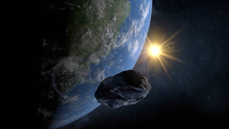 Small rock asteroid passing very close to planet Earth with the sun shining in the background. 3D Illustration