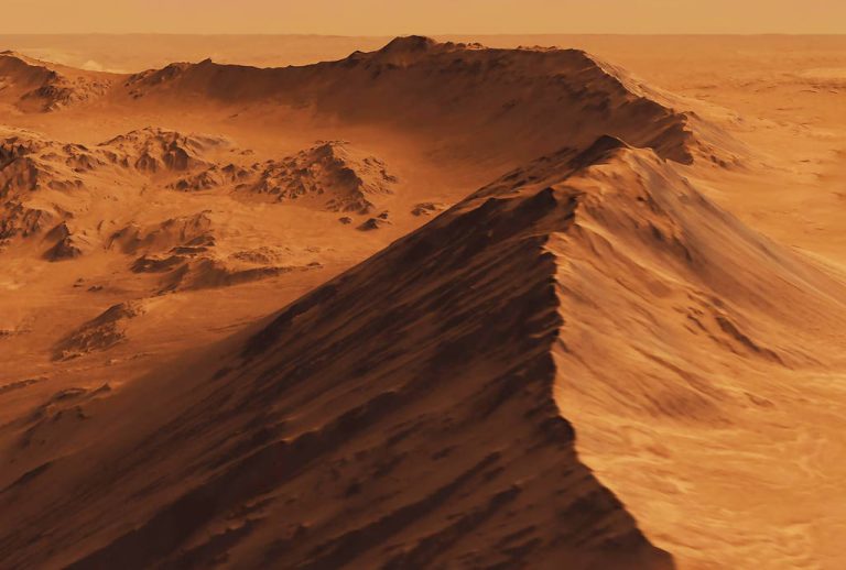 The surface and mountains on Mars, with the sky. Elements of this image were furnished by NASA for any purpose