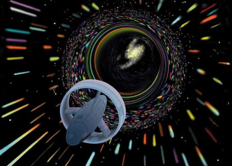 This artist's illustration shows a spacecraft using an Alcubierre Warp Drive. It warps space to 'travel' faster than light. Image Credit: NASA warp drive erp