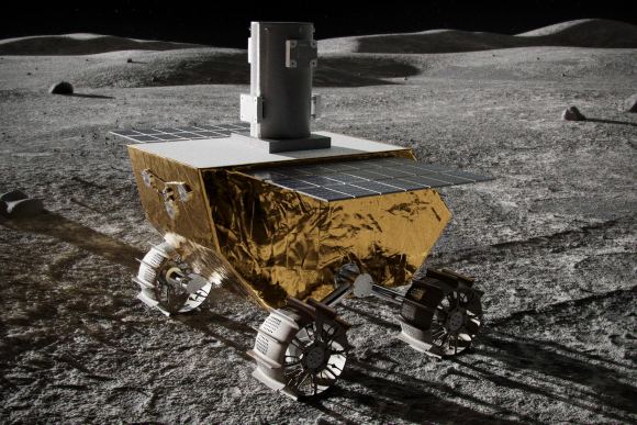 Artist’s impression of the Lunar Vertex rover on the surface of the Moon. The rover is about 14 inches (35 centimeters) tall; the cylinder on top is the mast for the APL-built magnetometer. Credit: Johns Hopkins APL/Lunar Outpost/Ben Smith